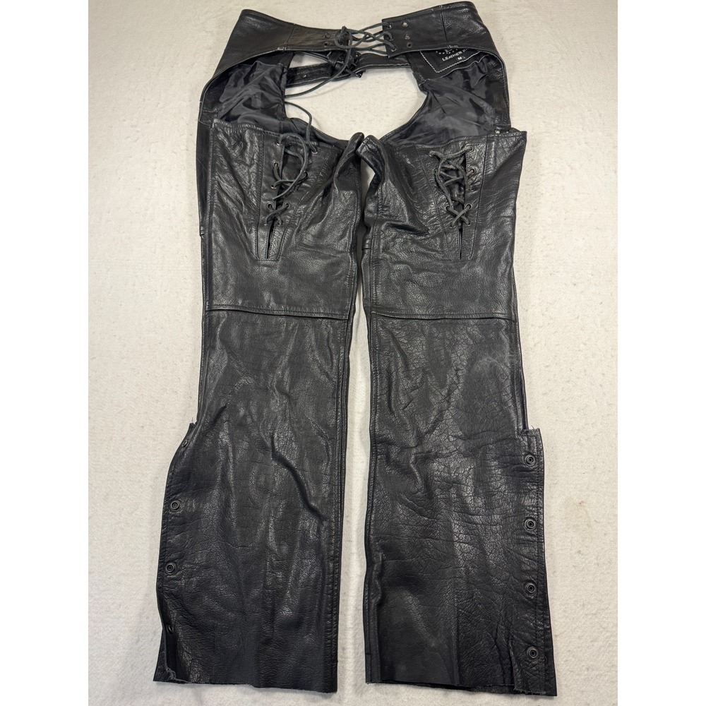 Leather King Motorcycle Biker Chaps Men M Black Adjustable Waist Belt Riding